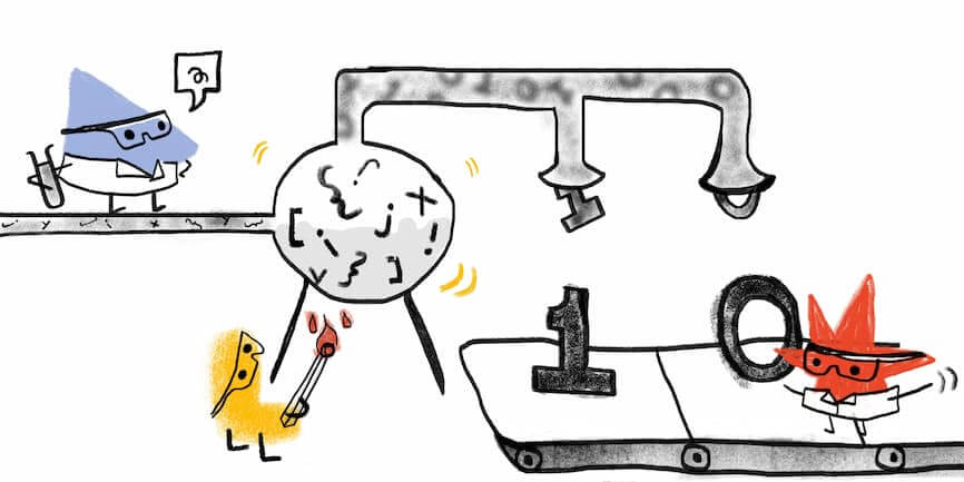 Hero image of Web Almanac characters performing scientific experiments on various code symbols resulting in 1s and 0s coming out the other end.